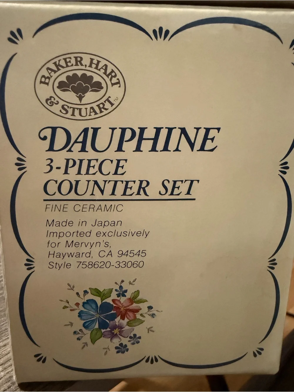 Vintage 3 piece ceramic counter set, by Baker, Hart & Stuart “Dauphine” pattern